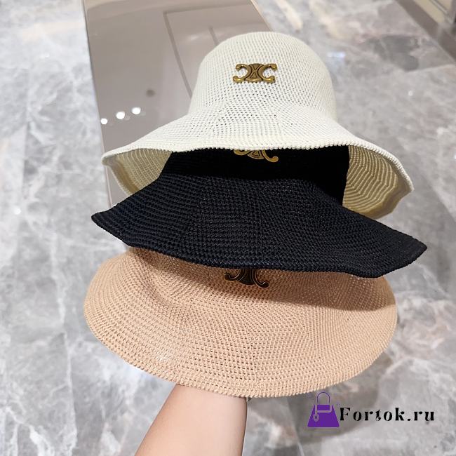 Fortok Celine Straw Bucket Hat in Black/White/Beige - 1