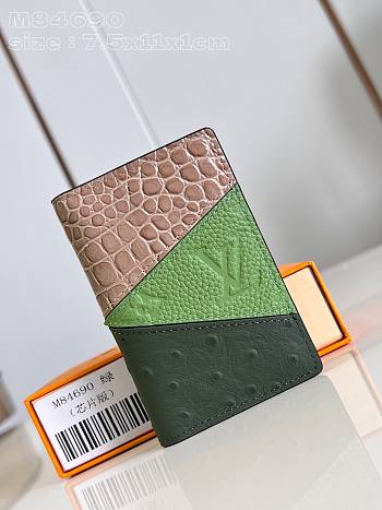 Fortok Louis Vuitton Pocket Organizer Green Color Brown Crocodile Skin Ostrich Leather M84690 7.5x11x1cm