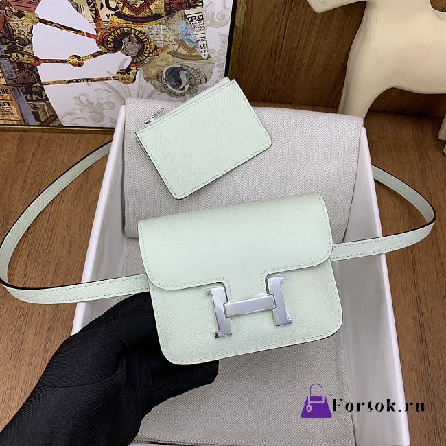 Fortok Hermes Constance Slim Epsom Bag Light Green with Inner Zipped Pouch Silver Hardware 12.5x10.5x2.5cm - 1