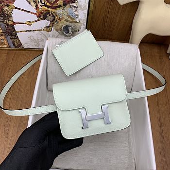 Fortok Hermes Constance Slim Epsom Bag Light Green with Inner Zipped Pouch Silver Hardware 12.5x10.5x2.5cm