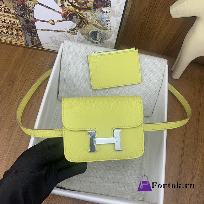 Fortok Hermes Constance Slim Epsom Bag Yellow with Inner Zipped Pouch Silver Hardware 12.5x10.5x2.5cm - 1