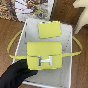 Fortok Hermes Constance Slim Epsom Bag Yellow with Inner Zipped Pouch Silver Hardware 12.5x10.5x2.5cm