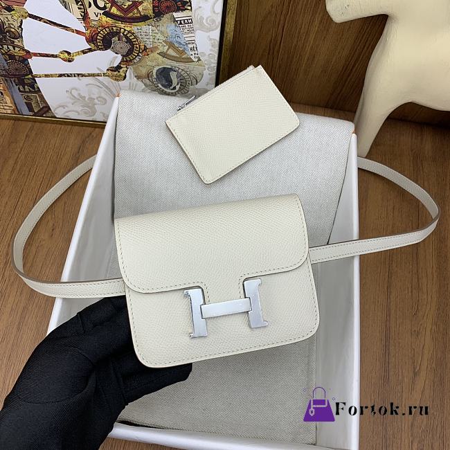 Fortok Hermes Constance Slim Epsom Bag White with Inner Zipped Pouch Gold/Silver Hardware 12.5x10.5x2.5cm - 1
