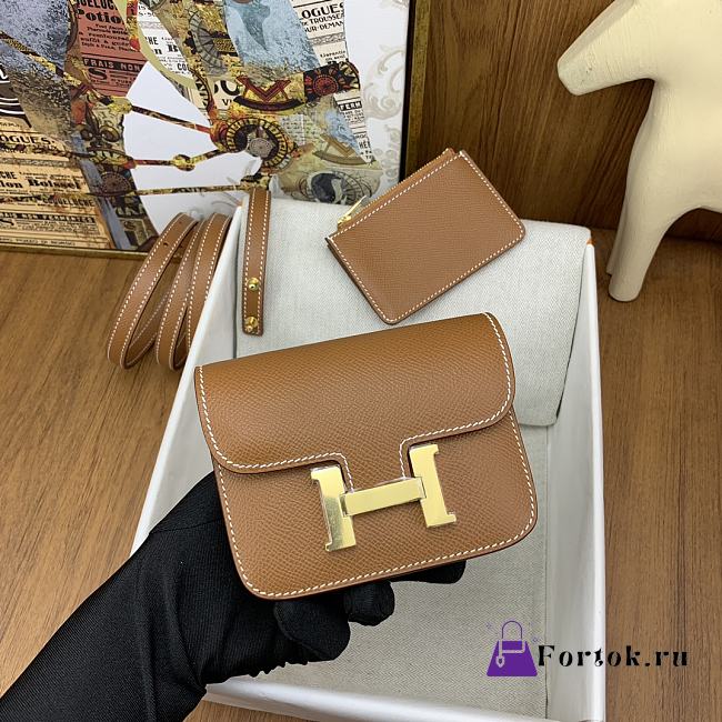 Fortok Hermes Constance Slim Epsom Bag Brown with Inner Zipped Pouch Gold/Silver Hardware 12.5x10.5x2.5cm - 1