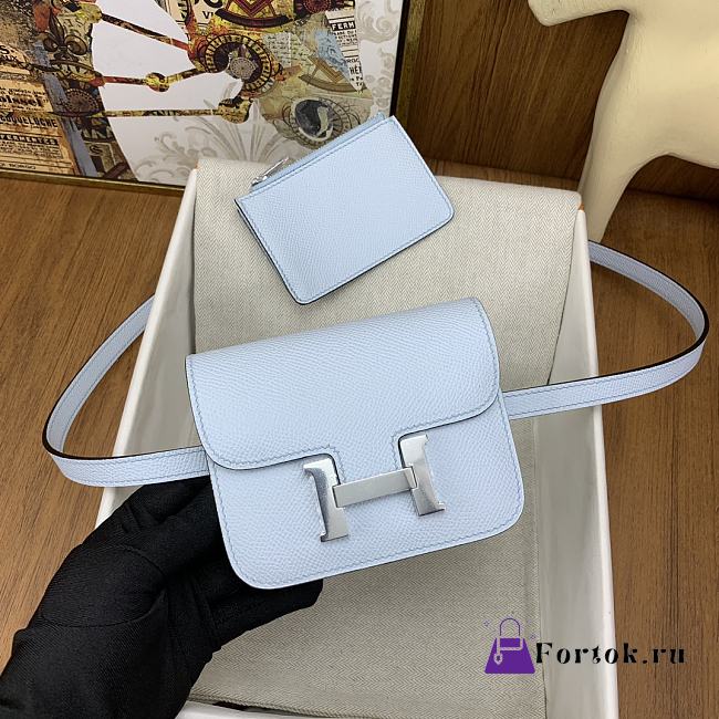 Fortok Hermes Constance Slim Epsom Bag Light Blue with Inner Zipped Pouch Gold/Silver Hardware 12.5x10.5x2.5cm - 1