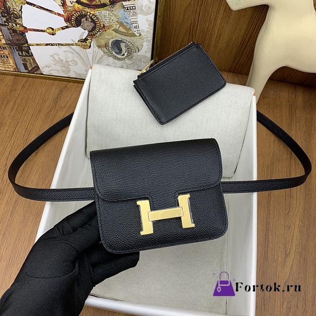 Fortok Hermes Constance Slim Epsom Bag Black with Inner Zipped Pouch Gold/Silver Hardware 12.5x10.5x2.5cm - 1