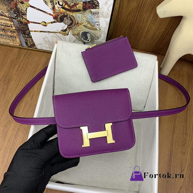 Fortok Hermes Constance Slim Epsom Bag Purple with Inner Zipped Pouch Gold Hardware 12.5x10.5x2.5cm - 1