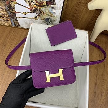 Fortok Hermes Constance Slim Epsom Bag Purple with Inner Zipped Pouch Gold Hardware 12.5x10.5x2.5cm