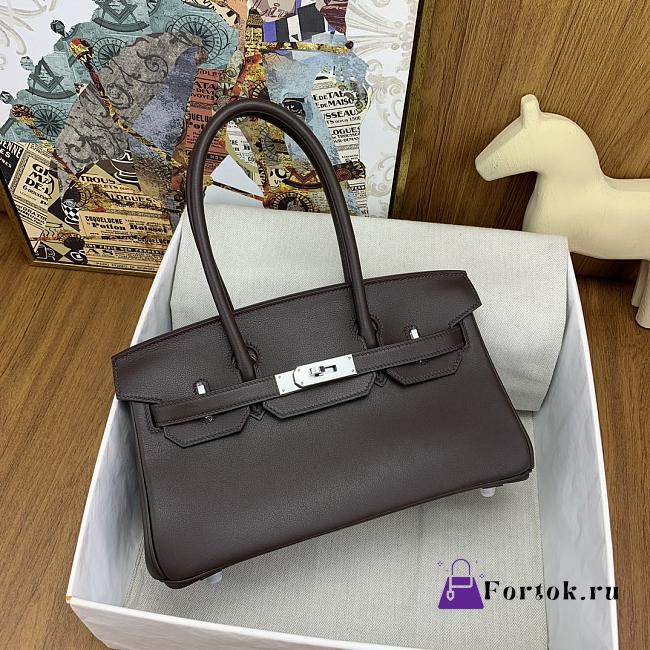 Fortok Hermes Birkin Shoulder Bag Dark Brown Swift Leather 29cm With Silver Buckle - 1