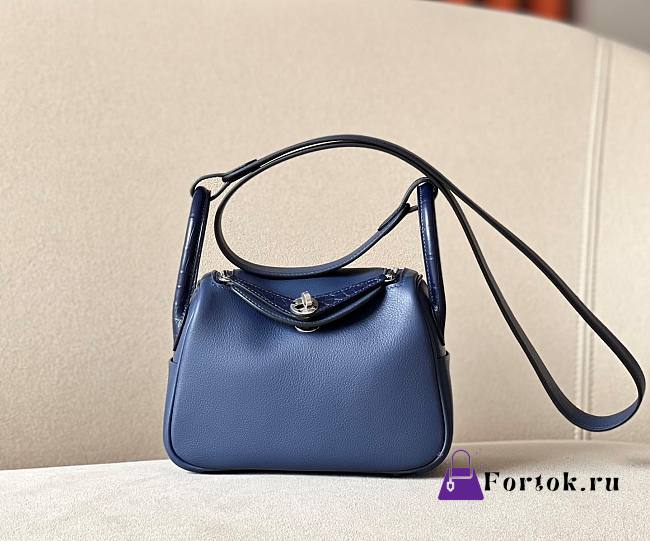 Fortok Hermes Lindy Mini Shoulder Bag Blue Crocodile And Swift Leather Gold/Silver Buckle LD1906400 19x12.5x9cm - 1