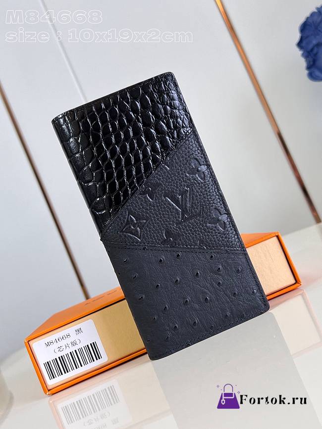 Fortok Louis Vuitton Brazza Wallet Black Crocodile Skin Ostrich Leather M84668 10x19x2cm - 1