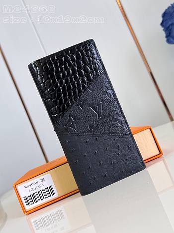 Fortok Louis Vuitton Brazza Wallet Black Crocodile Skin Ostrich Leather M84668 10x19x2cm