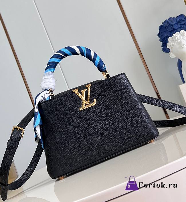 Fortok Louis Vuitton Capucines BB Bag Black and Sailing Style Scarf M48865 27x18x9cm - 1