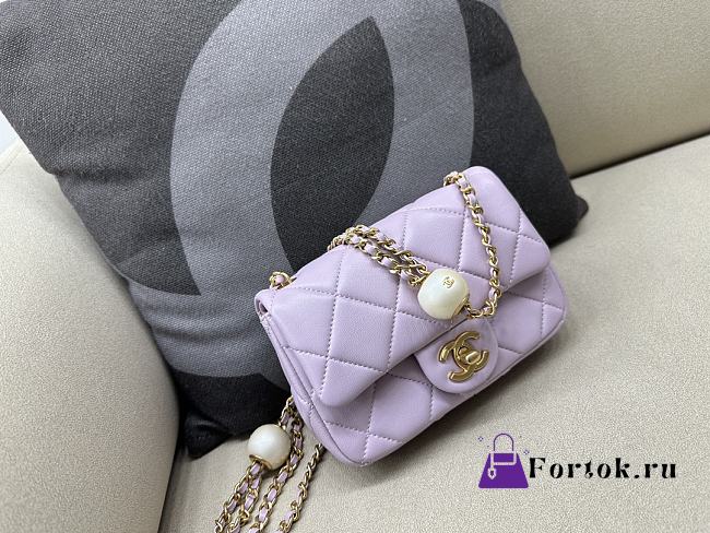 Fortok Chanel Mini Flap Bag Lambskin, Imitation Pearls & Gold-Tone Metal Pink 11.5×17×5cm - 1