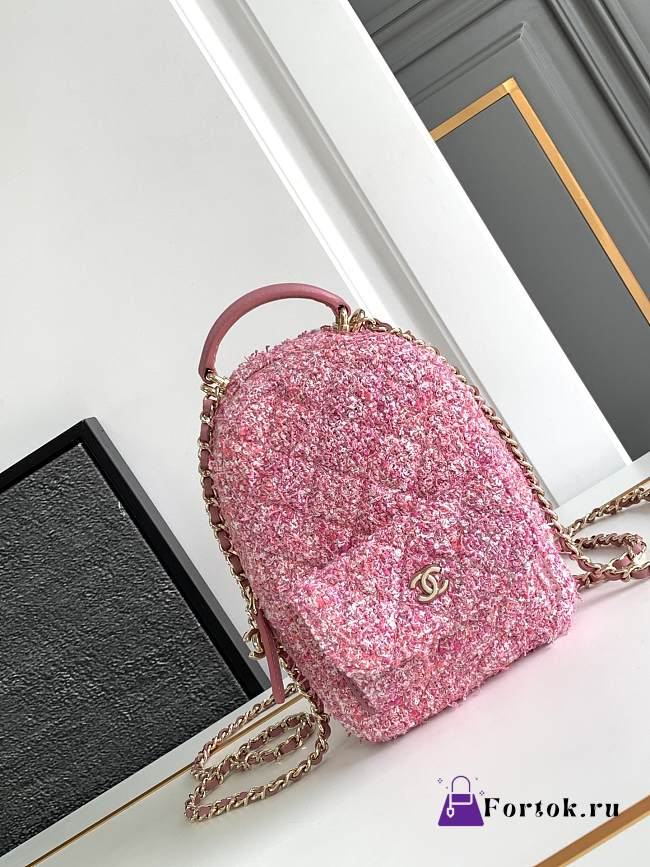 Fortok Chanel 24P Pink Tweed Small Backpack 13x18x9cm - 1