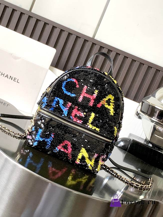 Fortok Chanel 24C Sequined Backpack Black 25x21x15cm - 1