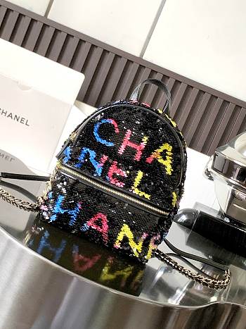 Fortok Chanel 24C Sequined Backpack Black 25x21x15cm