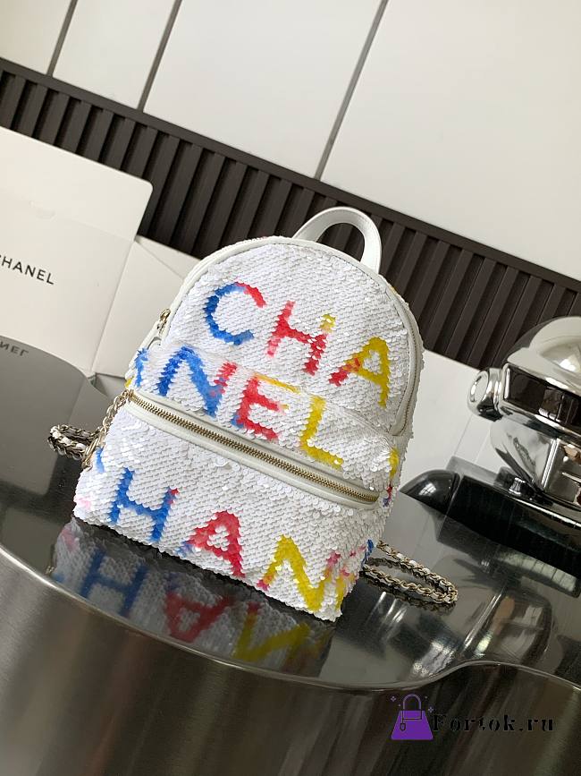 Fortok Chanel 24C Sequined Backpack White 25x21x15cm - 1