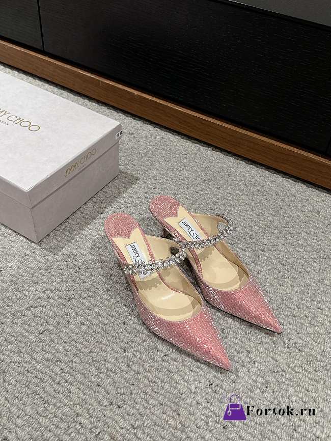 Fortok Jimmy Choo Pointed Diamond Chain High Heels Pink - 1
