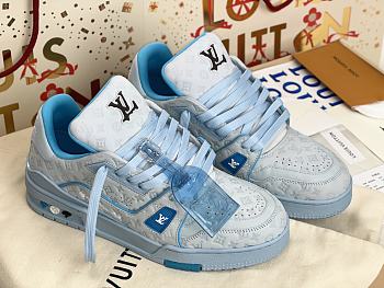 Fortok Louis Vuitton Trainer Sneakers Monogram-embossed Nubuck Calf Leather Blue