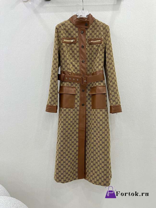 Fortok Gucci GG Canvas Leather Trim Trench Coat - 1