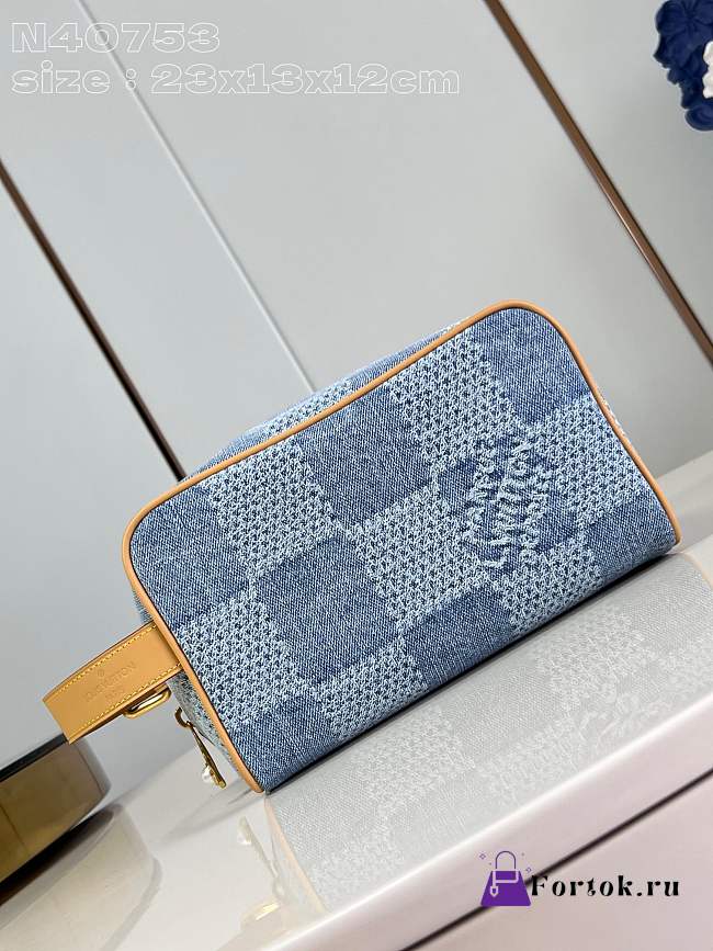 Fortok Louis Vuitton Locker Dopp Kit Toiletry Bag Sky Blue Denim N40753 23x13x12cm - 1