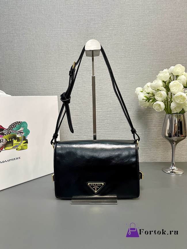 Fortok Prada Patent Leather Messenger Bag Black 1BD082 23x15x8.5cm - 1