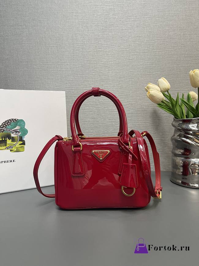 Fortok Prada Galleria Patent Leather Mini Handbag Red 1BA906 20x15x9.5cm - 1