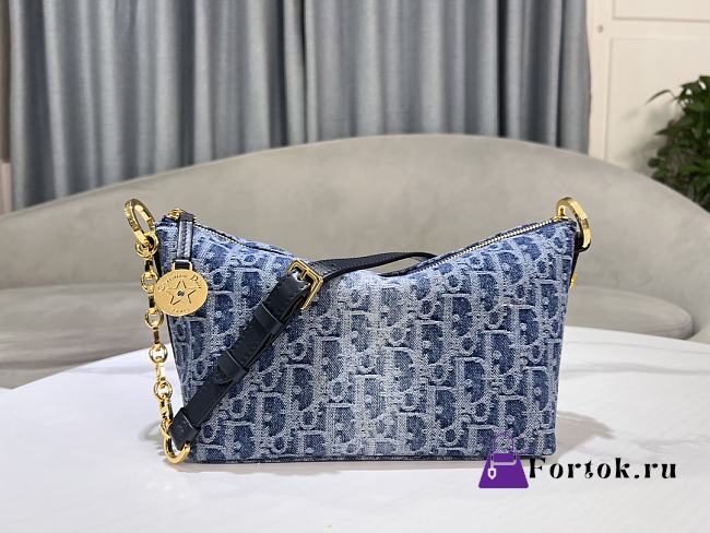 Fortok Dior Diorstar Hobo Bag with Chain Blue Denim Oblique 28.5x14.5x10cm - 1