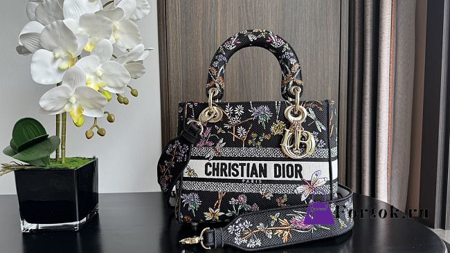 Fortok Dior Lady D-lite Bag Black Flower Winter Lady Diana Embroidery 24x20x11cm - 1