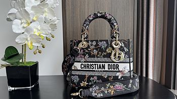 Fortok Dior Lady D-lite Bag Black Flower Winter Lady Diana Embroidery 24x20x11cm