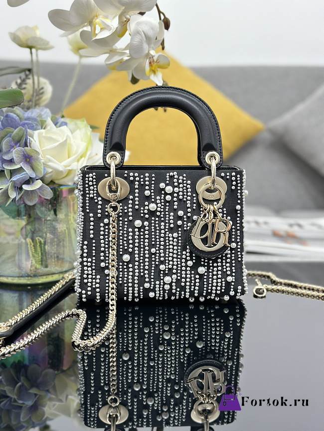 Fortok Dior Lady Three-grid Embroidered Meteor Pearls Bag 17x15x7cm  - 1