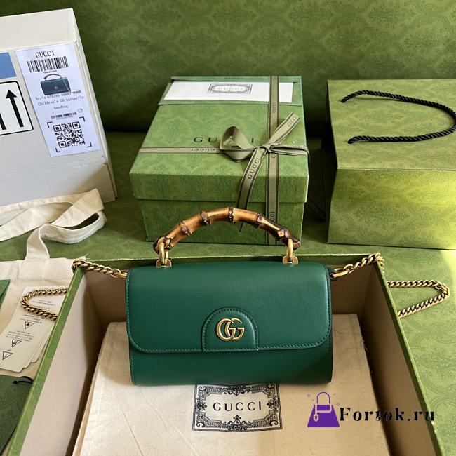 Fortok Gucci Diana Shoulder Bag With Bamboo And Chain In Green Leather 675795 26cm - 1
