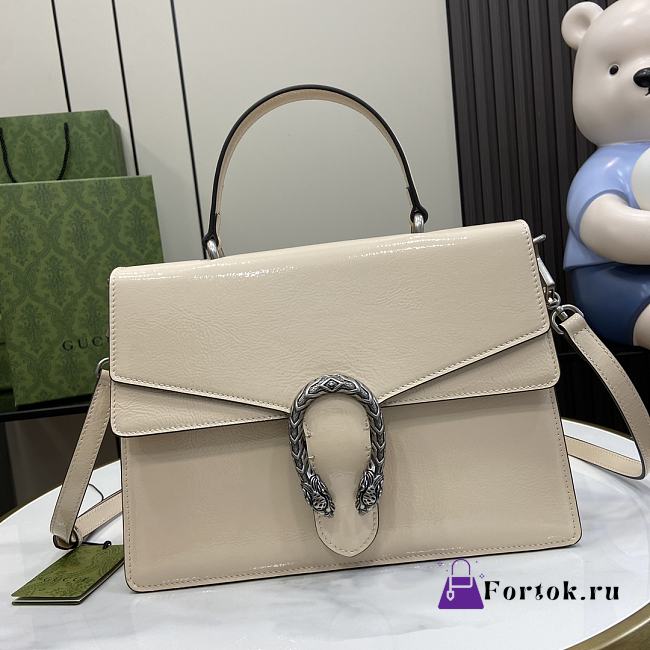 Fortok Gucci Dionysus Top Handle Bag Beige Patent Leather 29x20x10.5cm - 1