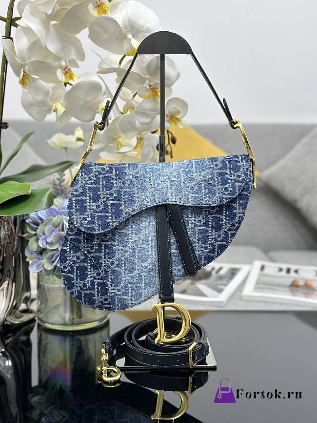 Fortok Dior Saddle Blue Denim Oblique Jacquard Bag M0446 25.5x20x6.5cm - 1