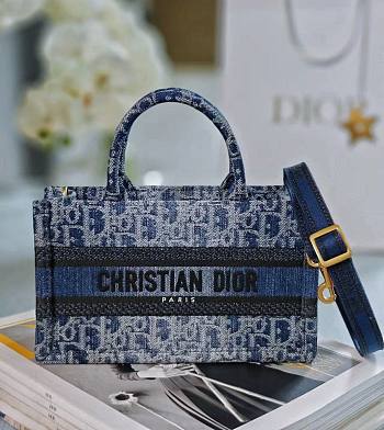 Fortok Dior Mini Book Tote Blue Denim Oblique Jacquard With Chain 21.5x13x7.5cm