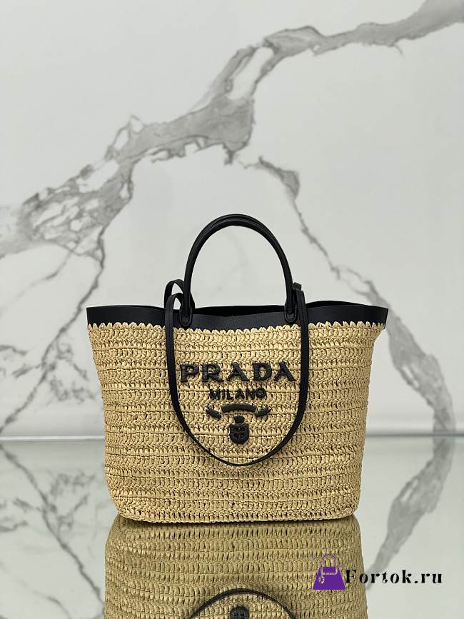 Fortok Prada Medium Crochet and Leather Tote Bag Tan & Black 1BG499 32×29×15cm - 1