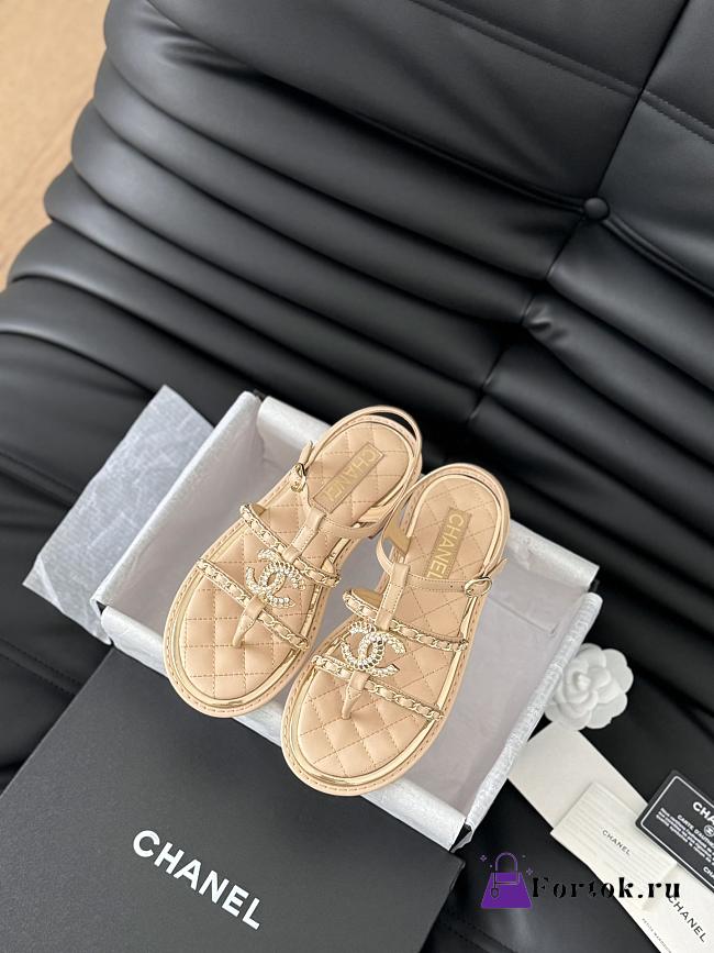 Fortok Chanel Roman Pearl Diamond Buckle Sandals Beige - 1