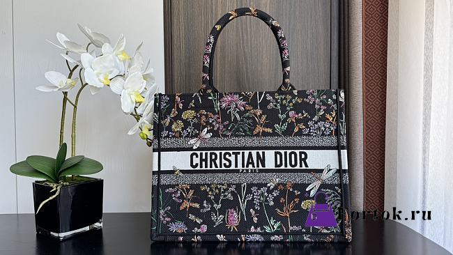 Fortok Dior Tote Bag Agile Dragonfly Embroidery Pattern Black 36x18x28cm - 1