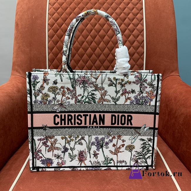 Fortok Dior Tote Bag Agile Dragonfly Embroidery Pattern White 36x18x28cm - 1