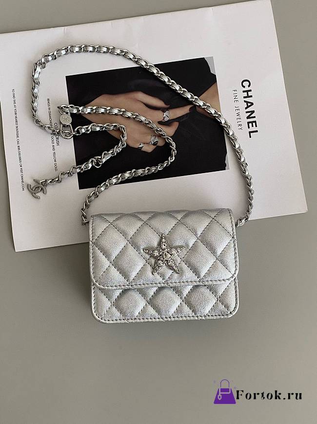 Fortok Chanel Metallic Goatskin Quilted Star Flap Waist Belt Bag Silver 12×3×9cm - 1