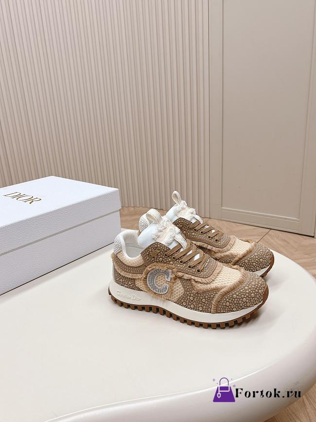 Fortok Dior Cest Sneakers Embroidered Cotton With Champagne Resin Pearls And Mesh Brown - 1