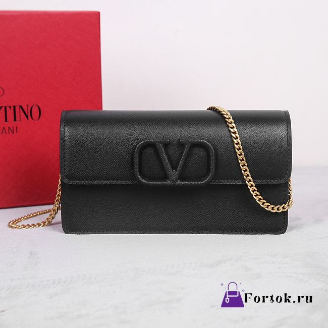 Fortok Valentino Vsling Grainy Calfskin Clutch Black with Shoulder Strap 20x10.5x4cm - 1