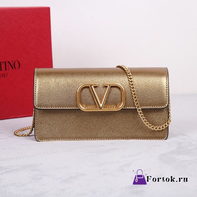 Fortok Valentino Vsling Grainy Calfskin Clutch Gold with Shoulder Strap 20x10.5x4cm - 1