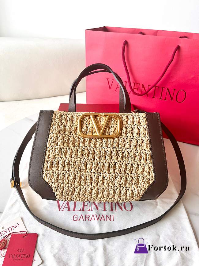 Fortok Valentino Garavani VLogo Signature Raffia Tote Bag Brown 27x11x18cm - 1