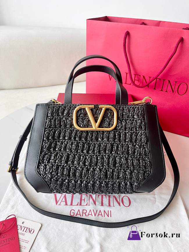 Fortok Valentino Garavani VLogo Signature Raffia Tote Bag Black 27x11x18cm - 1