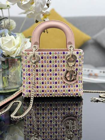 Fortok Dior Mini Lady Dior Bag Multicolor Satin Embroidered With Mirrors, Beads And Strass 17x15x7cm