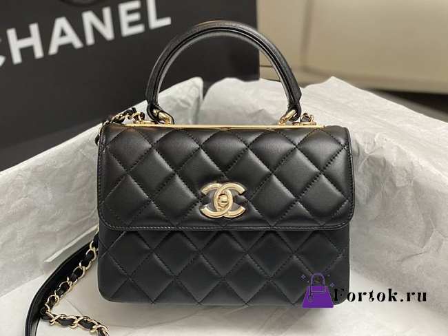 Fortok Chanel Mini Flap Bag With Top Handle Lambskin & Gold-Tone Metal Black AS4654 14.5x19.5x8cm - 1