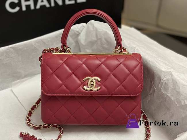 Fortok Chanel Mini Flap Bag With Top Handle Lambskin & Gold-Tone Metal Red AS4654 14.5x19.5x8cm - 1