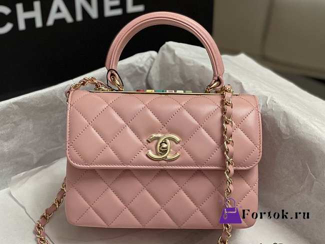 Fortok Chanel Trendy Mini Flap Bag With Top Handle Pink Lambskin Multicolor Logo AS4654 14.5x19.5x8cm - 1